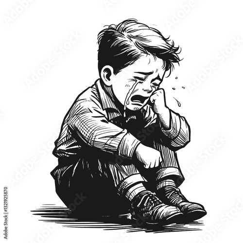 A young boy with a tear-streaked face cry little boy black and white line art drawing ink sketch sad vector hand drawn illustration background