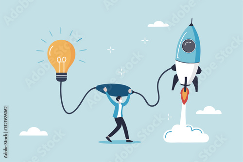 Entrepreneur business idea creating startup company, start new business with creativity, innovation, company founder, inventor or development, businessman connect lightbulb idea with launching rocket.