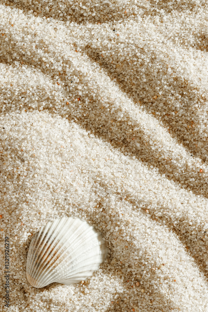 Aesthetic minimal summer background, white seashell on fine sand. Top view sandy soft waves textured pattern, meditation, relaxation composition beige neutral tones monochrome background Aesthetic minimal summer background, white seashell on fine sand. Top view sandy soft waves textured pattern, meditation, relaxation composition beige neutral tones monochrome background
