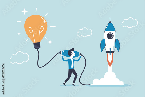Entrepreneur business idea creating startup company, start new business with creativity, innovation, company founder, inventor or development, businessman connect lightbulb idea with launching rocket.