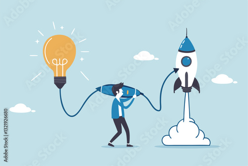 Entrepreneur business idea creating startup company, start new business with creativity, innovation, company founder, inventor or development, businessman connect lightbulb idea with launching rocket.