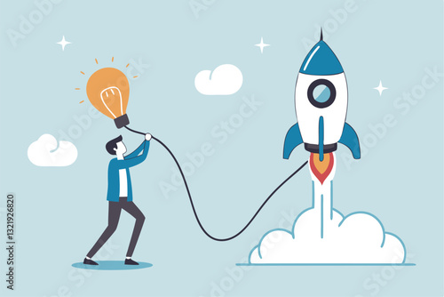 Entrepreneur business idea creating startup company, start new business with creativity, innovation, company founder, inventor or development, businessman connect lightbulb idea with launching rocket.