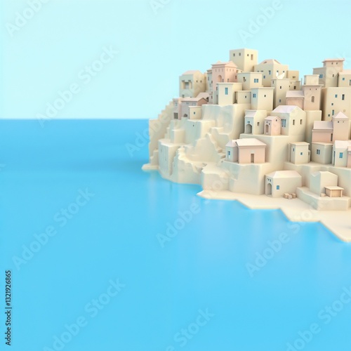 Cliffside Village Serene 3D Rendering by Sea