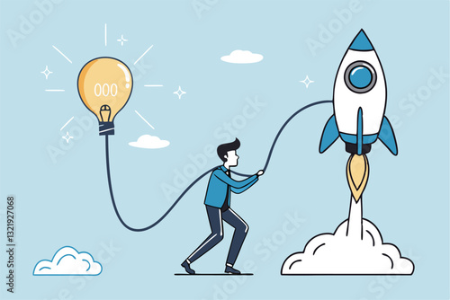 Entrepreneur business idea creating startup company, start new business with creativity, innovation, company founder, inventor or development, businessman connect lightbulb idea with launching rocket.