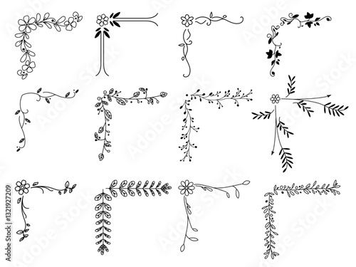 Vintage decorative corners. Old books design elements, elegant retro curved lines, floral ornaments, classic frames and borders, outline flourish botanical, decent vector flat isolated set