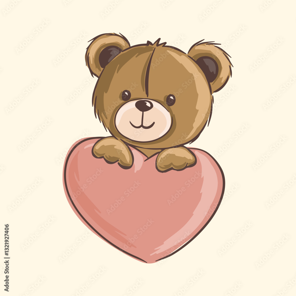 Fototapeta premium Cute teddy bear holding a pink heart, perfect for children design artwork. Vector illustration