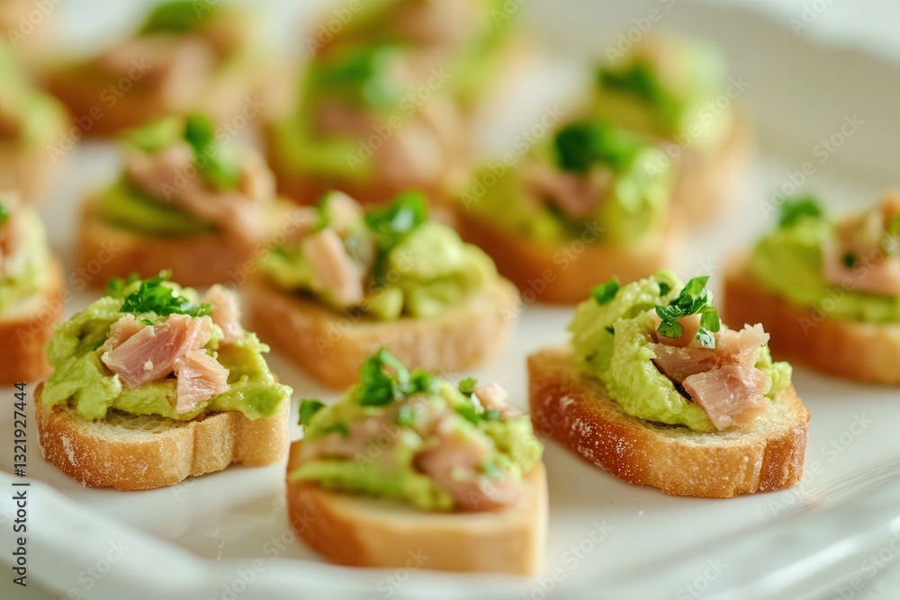 Delicate presentation of mini toasts with mashed avocado, flaky tuna, and lemon juice on a white ceramic plate. Soft, diffused natural light creates a serene and inviting atmosphere. Delicate presentation of mini toasts with mashed avocado, flaky tuna, and lemon juice on a white ceramic plate. Soft, diffused natural light creates a serene and inviting atmosphere.