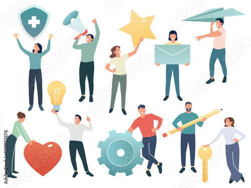 Tiny people hold social media elements. Men and women with large items, various online apps symbols, speaker, star, bulb, heart and letter . Cartoon flat style isolated decent vector set