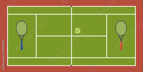 Tennis court with rackets and ball top view. Green lawn background, tournament and championship on match stadium. Banner design. Competitive arena cartoon flat isolated vector concept