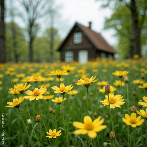 Wildflowers Rustic Cabin Idyllic Field