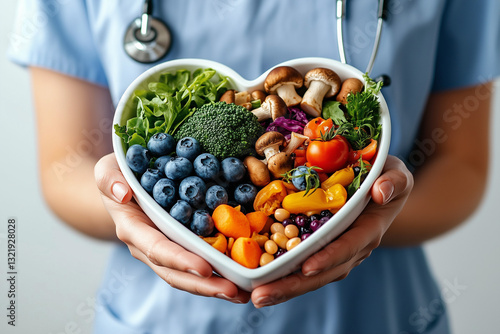 Heart-shaped bowl of healthy food held by a healthcare professional