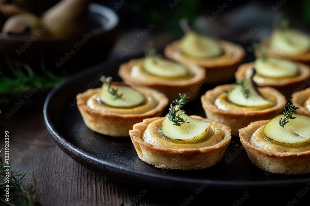 Exquisite Mini Tartlets with Duck Pâté and Pickled Pear on Dark Plate, Showcasing Festive Christmas Elegance Exquisite Mini Tartlets with Duck Pâté and Pickled Pear on Dark Plate, Showcasing Festive Christmas Elegance