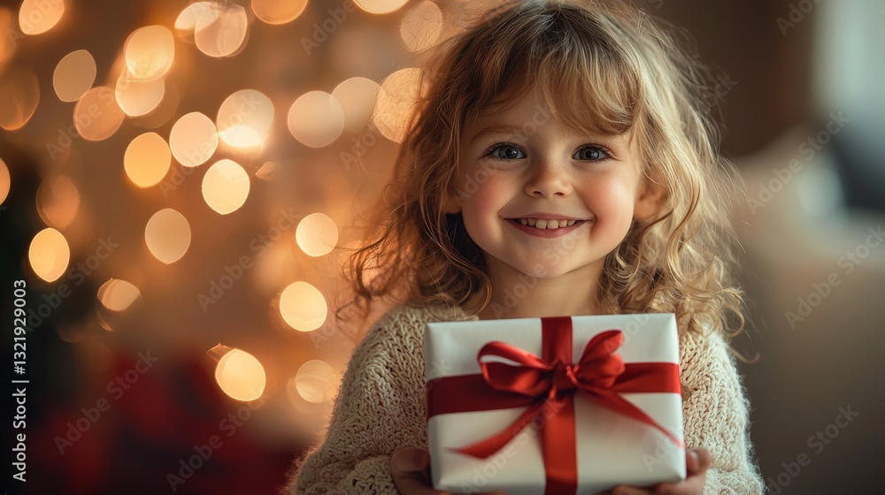 Charming little girl smiles brightly while holding a Christmas present indoors Charming little girl smiles brightly while holding a Christmas present indoors