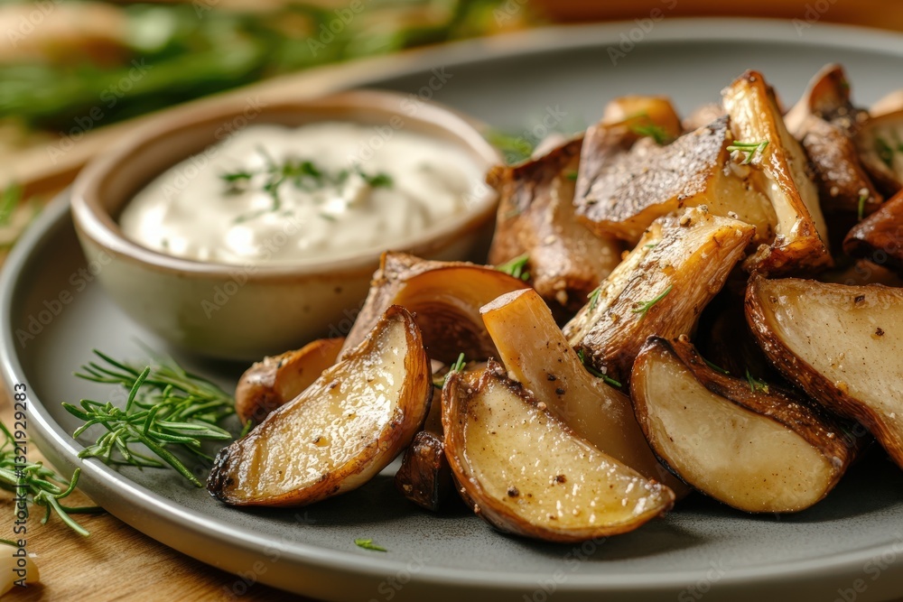 Elegant Snacks of Roasted Porcini Mushrooms with Garlic Dip Elegant Snacks of Roasted Porcini Mushrooms with Garlic Dip