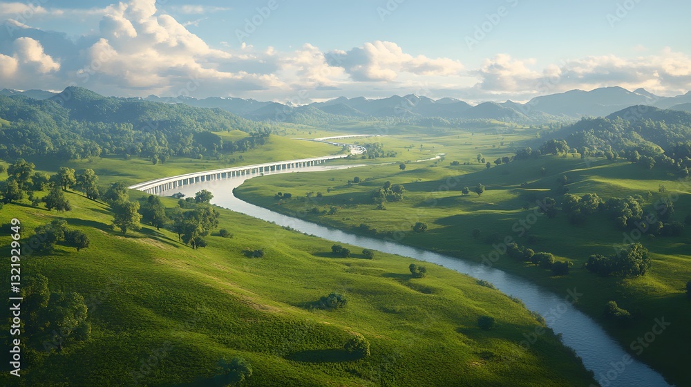 Fototapeta premium Expansive Green Landscape with River and Majestic Mountains