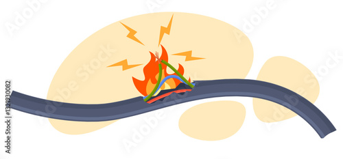 Short circuit in wire with flame. Electrical cord with fire and sparks. Broken voltage cable, digital situation, accident disconnect equipment. Cartoon flat style isolated vector concept