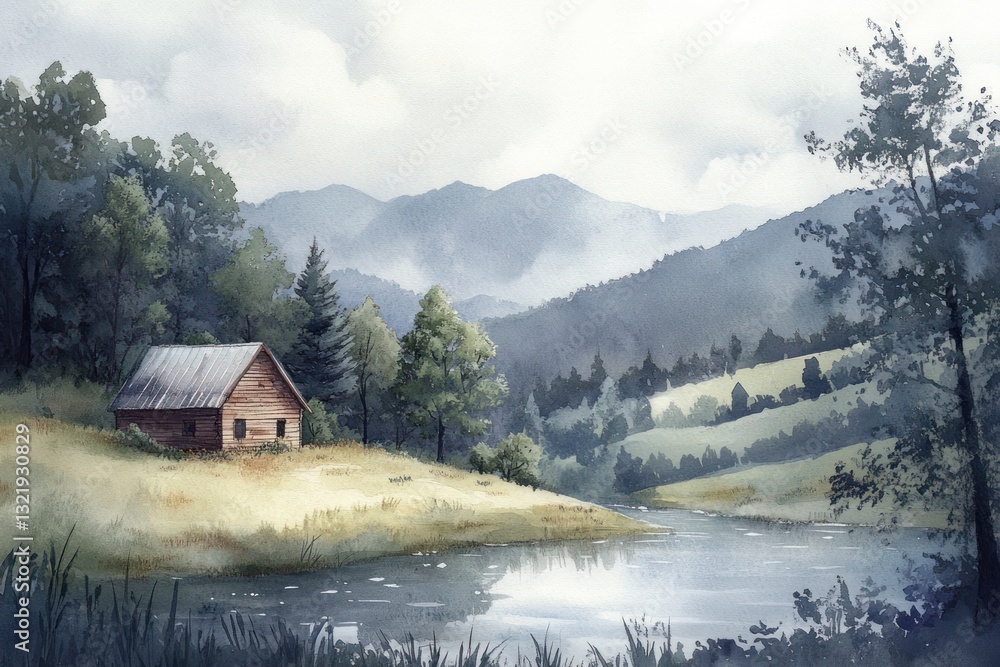 Fototapeta premium Mountain cabin riverside tranquility, misty hills background, nature scene, idyllic postcard