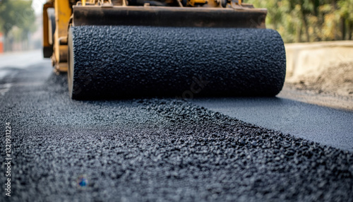 A road roller efficiently compacts fresh asphalt on a newly paved road. Construction workers oversee the process while ensuring a smooth surface for vehicles. This activity occurs during daylight