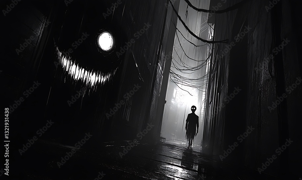 Obraz premium A silhouetted figure walks down a dark mysterious corridor