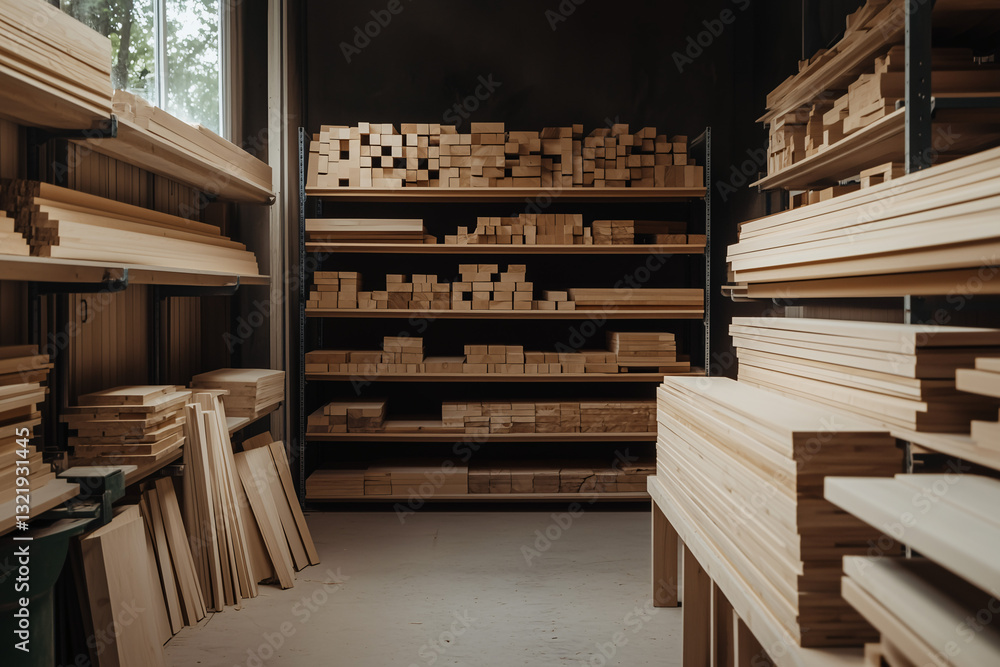 Lumber Storage: An inviting glimpse into a carpentry workshop, showcasing neatly stacked lumber on shelves, ready for projects. The warm tones of the wood create a welcoming and organized workspace Lumber Storage: An inviting glimpse into a carpentry workshop, showcasing neatly stacked lumber on shelves, ready for projects. The warm tones of the wood create a welcoming and organized workspace