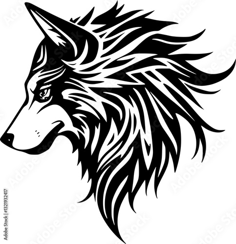 Monochrome Tribal Wolf Illustration Vintage Art Design Symbolic Wildlife Mythical Cultural Decorative Graphic Black and White Simple Stencil Traditional Spiritual Nature Primitive Intricate Pattern My