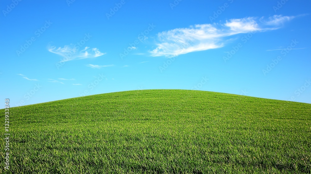 Naklejka premium Green Grass Hill Under Blue Sky with White Clouds Scenery