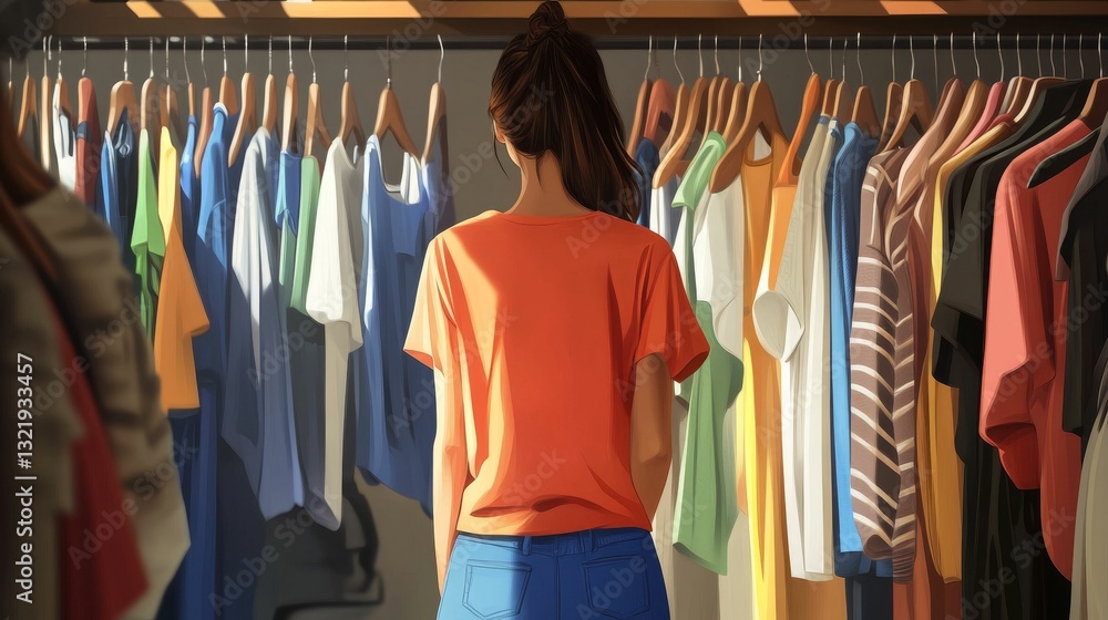Obraz premium Woman facing clothing wardrobe choosing outfit.