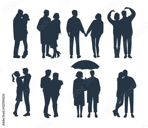 Set silhouettes pairs men and women. Romantic girls and guys hugging, holding hands, happy loving characters. Black isolated elements. Girlfriend and boyfriend couple. Vector illustration