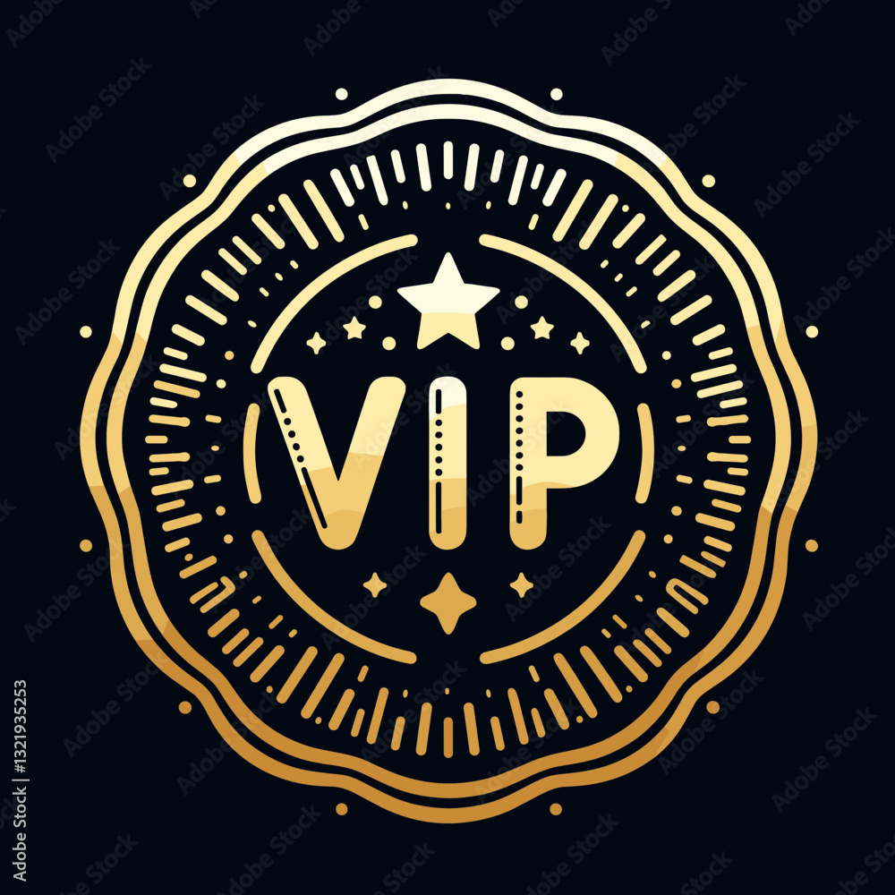 Fototapeta premium Detailed circular VIP emblem with radiating lines and star accents in gold. Sophisticated badge for luxury brand identification, exclusive event passes, premium service indicators.