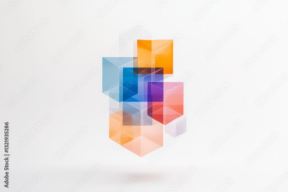 A minimalist digital illustration capturing vibrant geometric cubes rendered with glossy, A minimalist digital illustration capturing vibrant geometric cubes rendered with glossy,