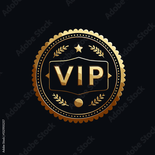 Gold circular VIP badge with laurel wreath on black background. Premium emblem for exclusive events, luxury branding, high-end membership programs.