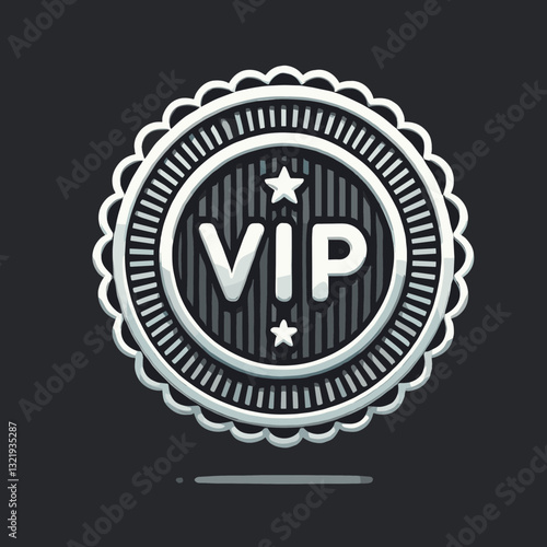 Silver VIP badge with scalloped edge on dark background. Monochrome emblem for premium services, exclusive access areas, high-tier membership status.