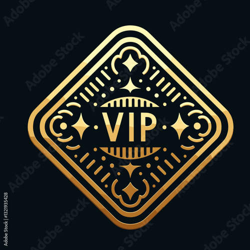 Diamond-shaped gold VIP emblem with ornate details on dark background. Geometric badge for luxury branding, exclusive membership identification, premium service indicators.