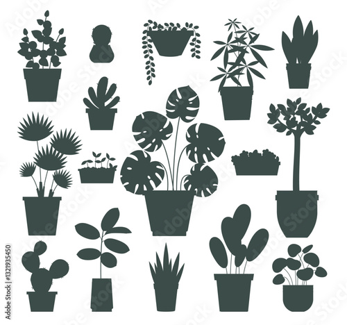 Set silhouettes domestic plants. Houseplants in flowerpots. Banana palm and monstera, cactus and succulent. Indoor exotic tropical interior botanical decorative. Vector isolated illustration