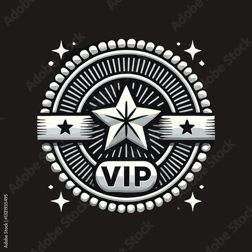 Silver VIP badge with star center and radial design on dark background. Monochrome emblem for premium service identification, exclusive event passes, luxury brand recognition.
