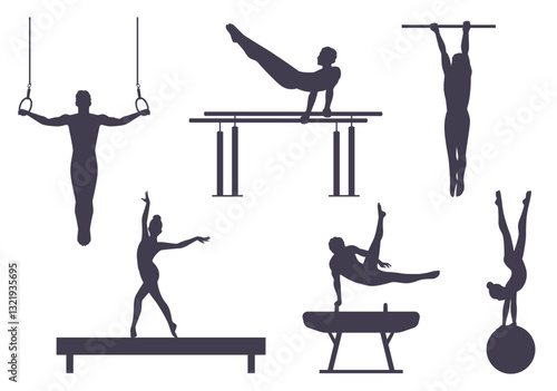 Set silhouettes athletes. Men and women professional gymnasts. Acrobat on sport competition. Strong people with ball and rings. Acrobatic performance icons. Vector isolated set