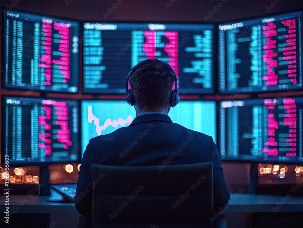 Analyzing financial data trends trading room digital content nighttime overhead data visualization