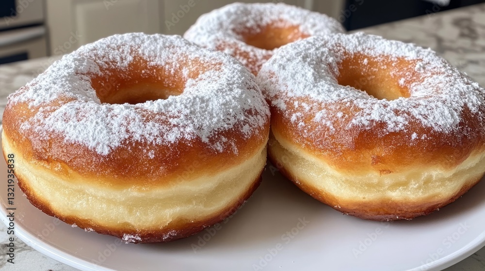 Freshly Baked Powdered Sugar Donuts on White Plate Freshly Baked Powdered Sugar Donuts on White Plate