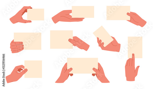 Set hands holding white cards. Empty banners, holding horizontal placard, copy space for text. Blank business or credit card. Presentation board. Vector cartoon flat isolated illustration