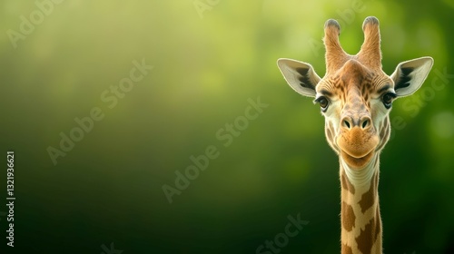 Gentle Giant: A serene giraffe gazes directly at the camera against a lush green backdrop, showcasing the intricate patterns of its coat and conveying a sense of peace.