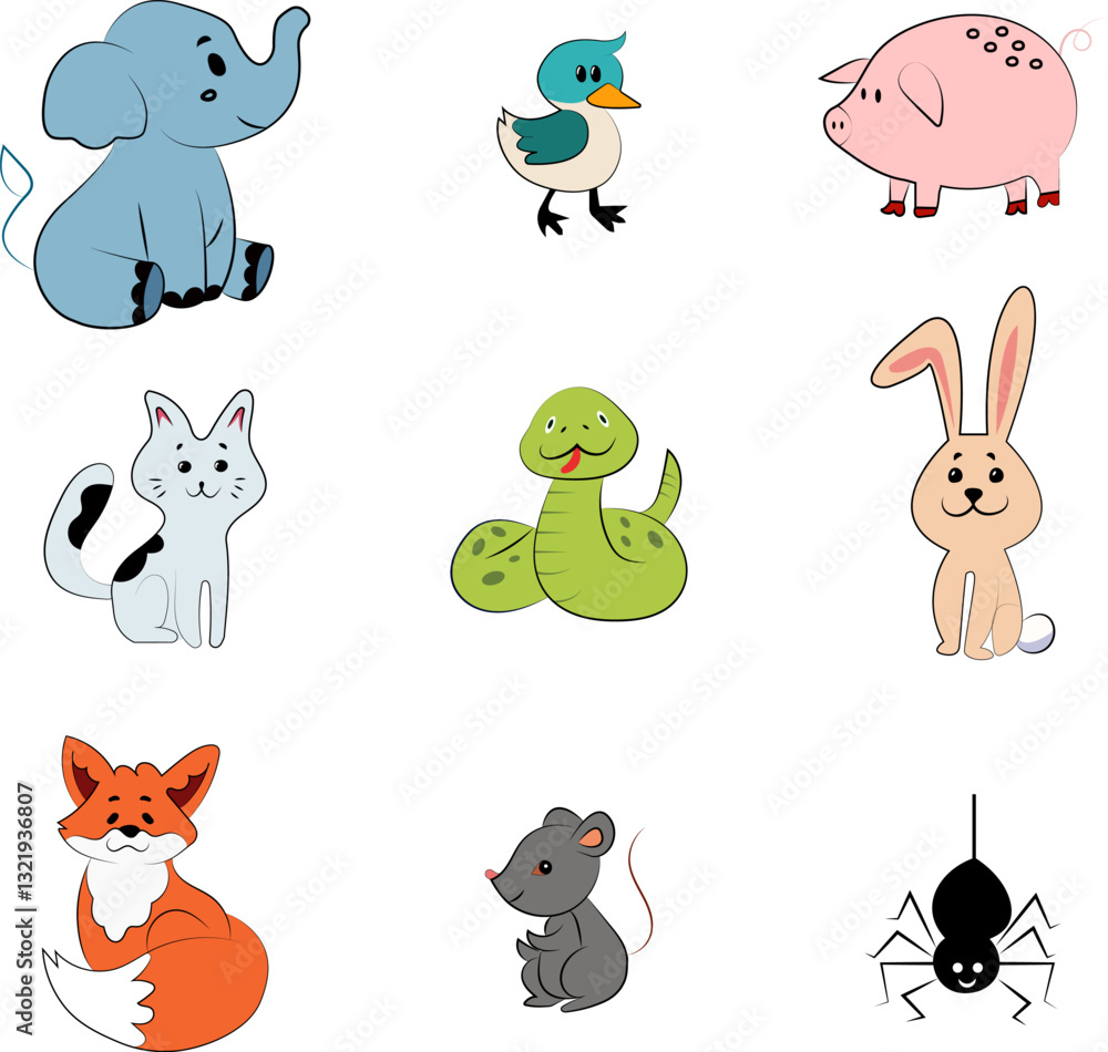 Naklejka premium Animal Illustration Set – Rat, Elephant, Cat, Snake, Pig, Spider, Rabbit, Bird, Fox Vector