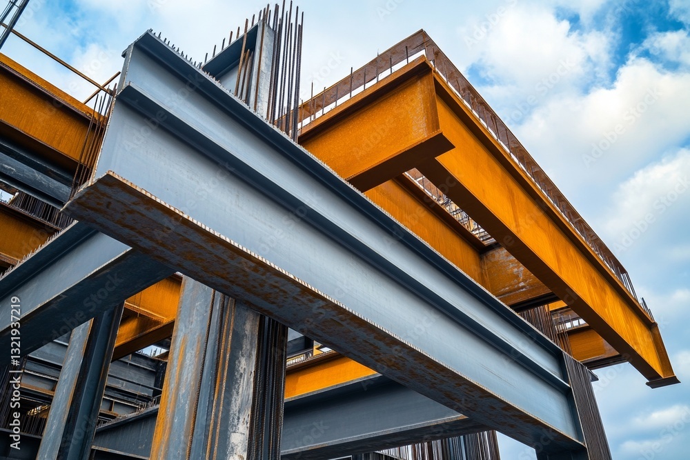 Naklejka premium Steel and iron beams in construction site against cloudy sky