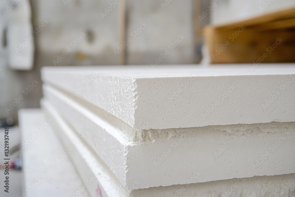 Close-up of white styrofoam insulation sheets in construction setting Close-up of white styrofoam insulation sheets in construction setting