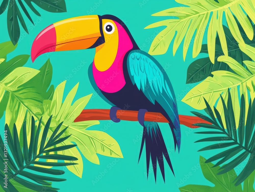 Fototapeta premium A colorful toucan perched on a branch surrounded by lush tropical leaves.