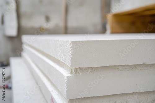 Close-up of white styrofoam insulation sheets in construction setting