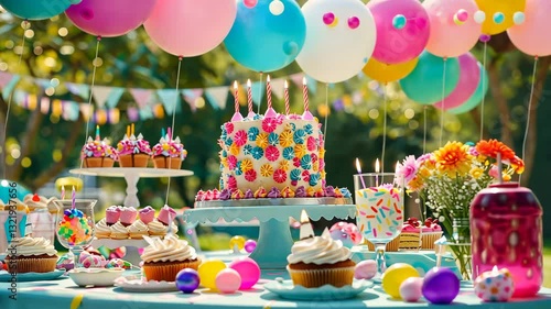 Outdoor birthday party with colorful decorations, balloons, and a festive cake