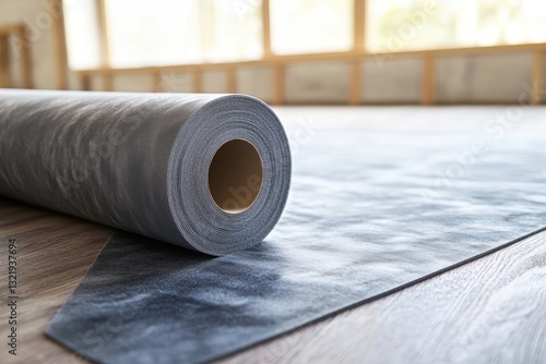 Close-up of rolled vinyl flooring in sunlit room with wooden floor and large windows