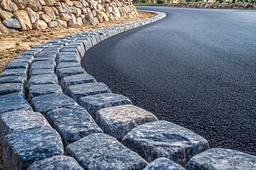 Freshly paved asphalt road with stone border design in a curved pathway