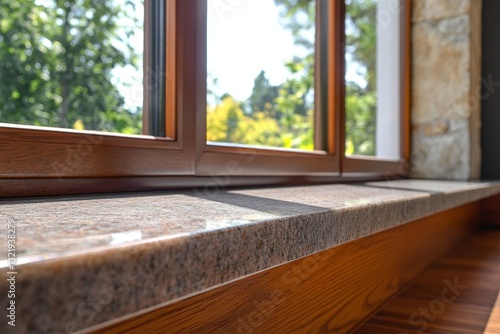 Sunlit wooden window frame with granite sill overlooking lush greenery
