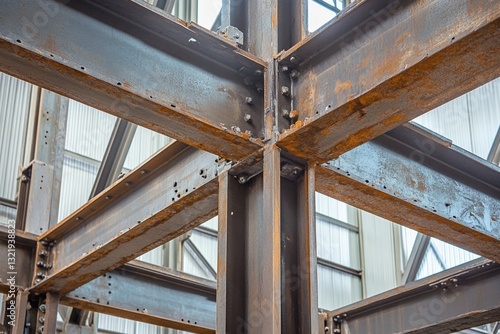 Industrial steel beam structure with rust and bolts in construction framework
